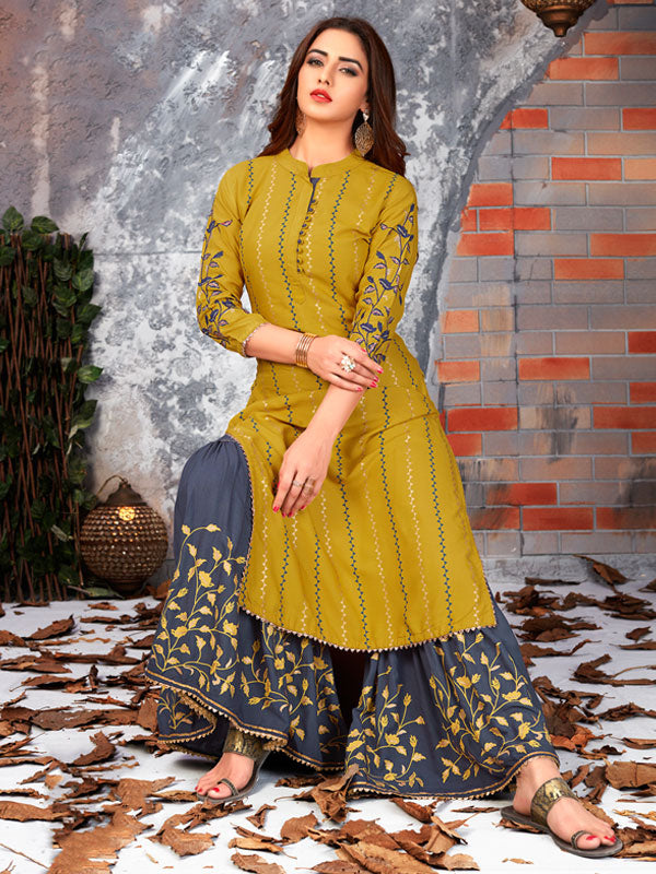 Kajal Mustard Rayon Printed Kurta With Sharara