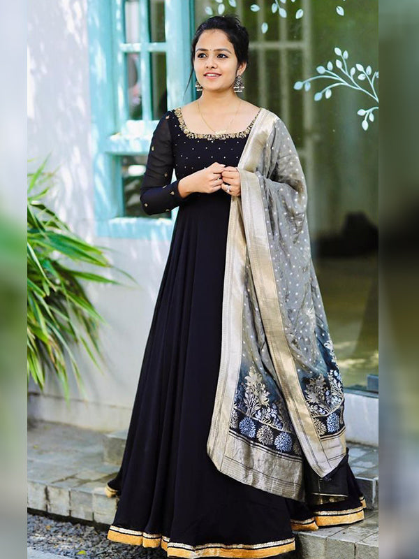 Black Partywear Georgette Gown With Dupatta