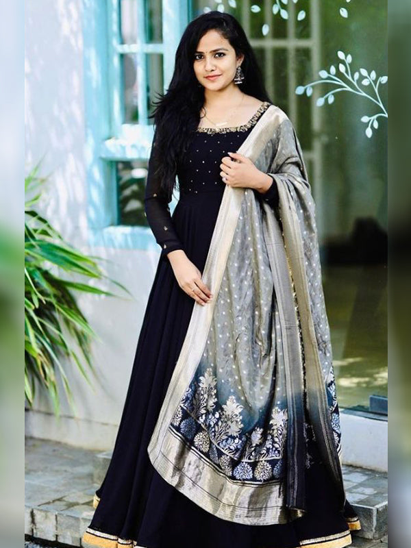 Black Partywear Georgette Gown With Dupatta