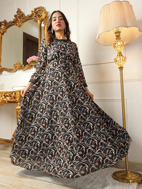 Printed Black Georgette Maxi Dress