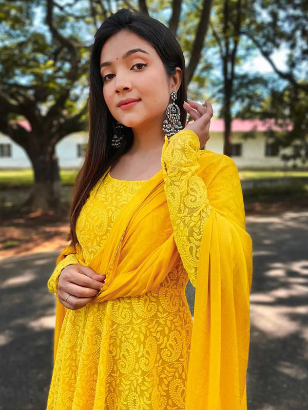 Stylish Yellow Chikankari Gown With Georgette Dupatta