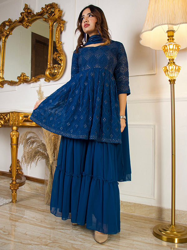 Blue Multi Sequenced Georgette Kurti With Sharara & Dupatta