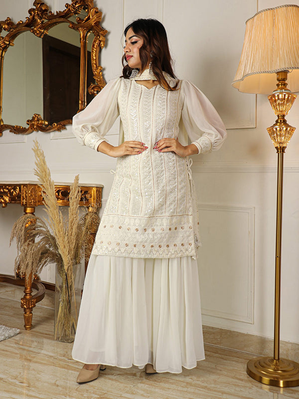 Lakhnavi Off White Kurta With Sharara & Dupatta Set