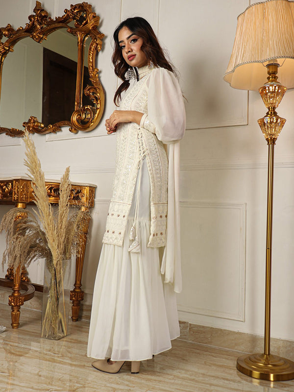 Lakhnavi Off White Kurta With Sharara & Dupatta Set