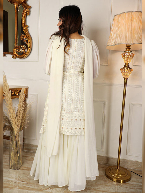 Lakhnavi Off White Kurta With Sharara & Dupatta Set