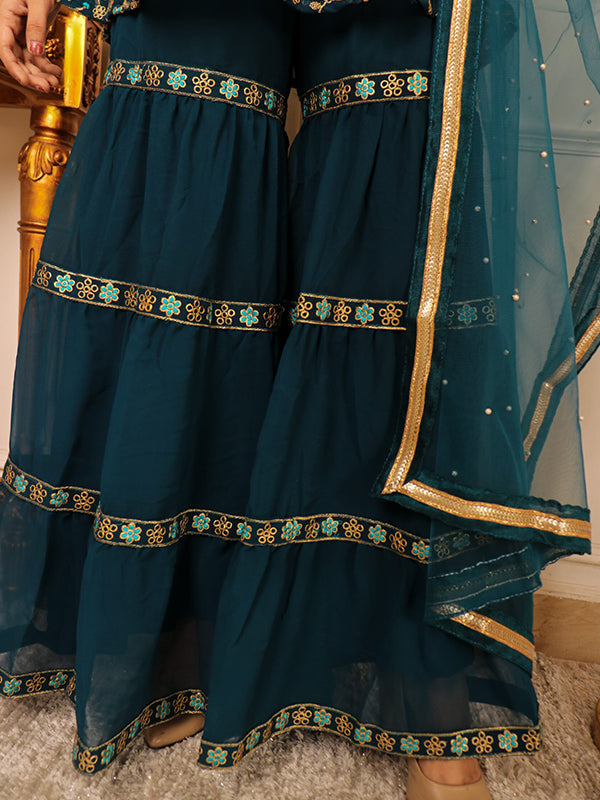 Teal Green Embroidered Kurta With Sharara & Dupatta Set