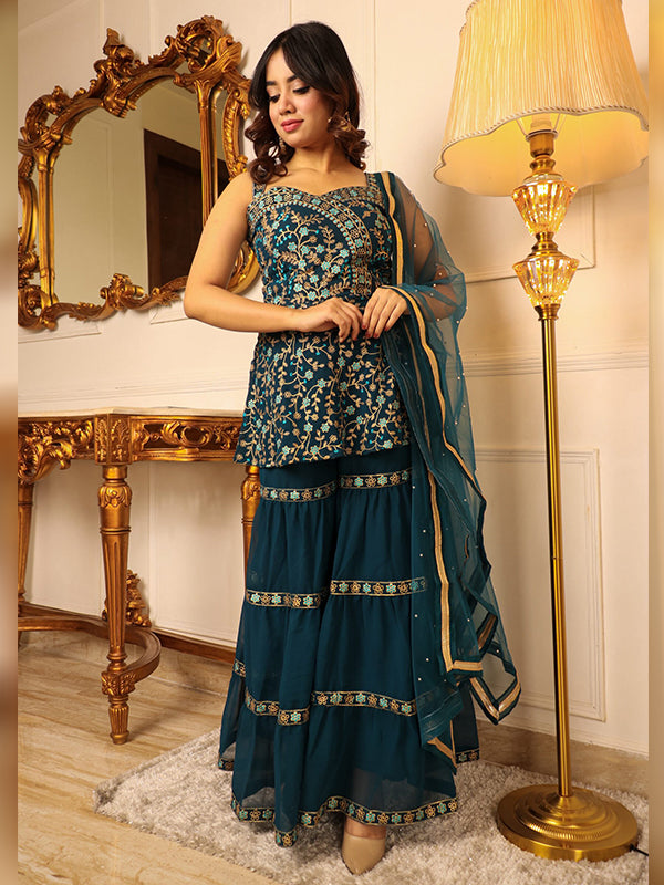 Teal Green Embroidered Kurta With Sharara & Dupatta Set