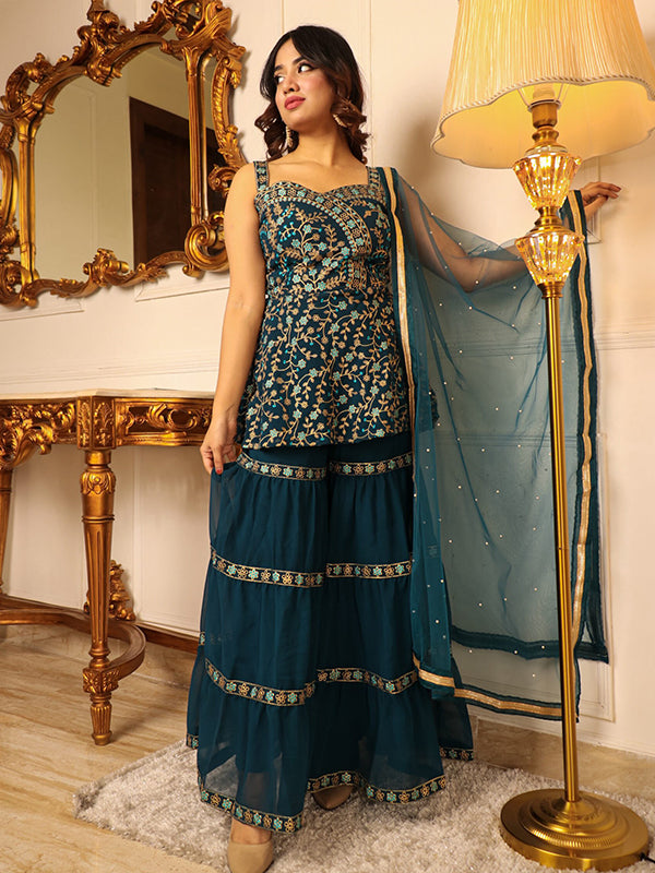 Teal Green Embroidered Kurta With Sharara & Dupatta Set