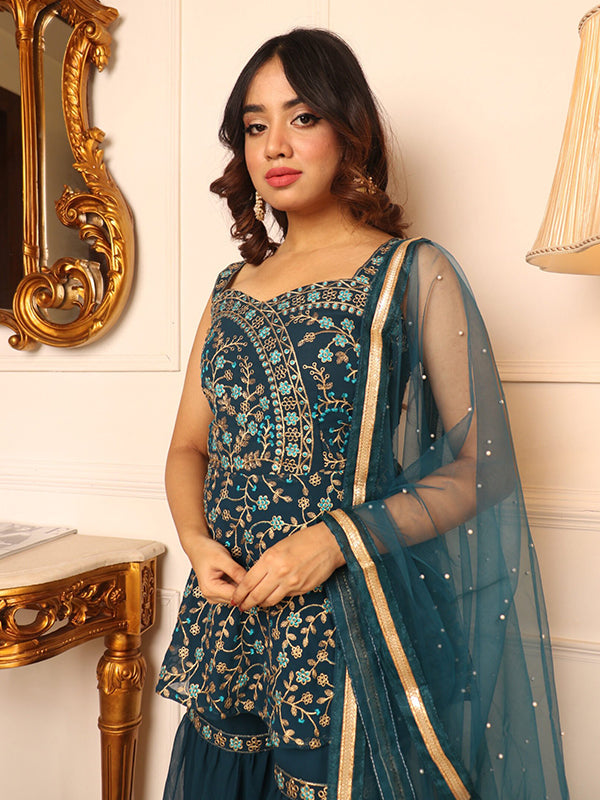 Teal Green Embroidered Kurta With Sharara & Dupatta Set