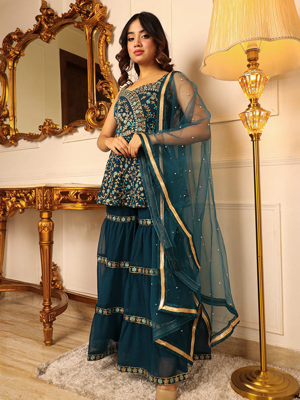 Teal Green Embroidered Kurta With Sharara & Dupatta Set